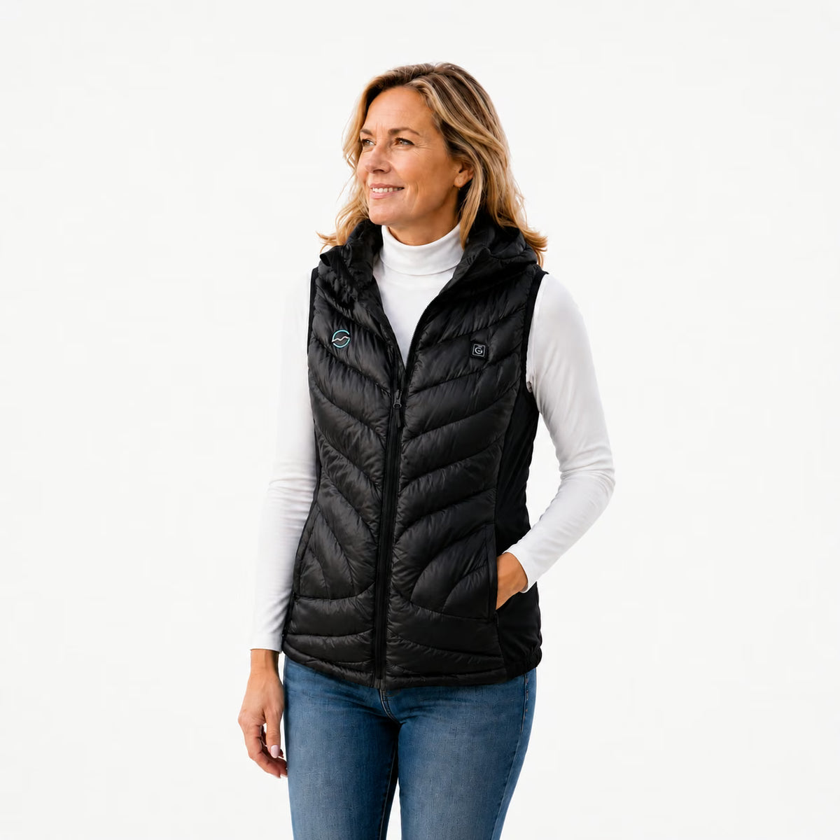 Gløde Høgge² verwarmde bodywarmer dames zwart, voorkant van dichtbij