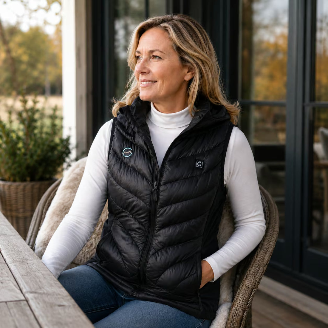 Vrouw in Høgge² verwarmde bodywarmer buiten op het terras