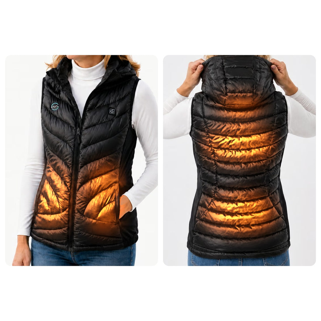 Høgge² verwarmde bodywarmer dames, voor- en achterkant met de 5 warmtezones: buik, nek, bovenrug en onderrug
